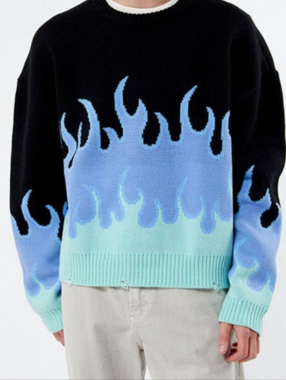 PacSun Distressed Hem Blue Flame Sweater As Seen on Cobra Kai (Hawk) M